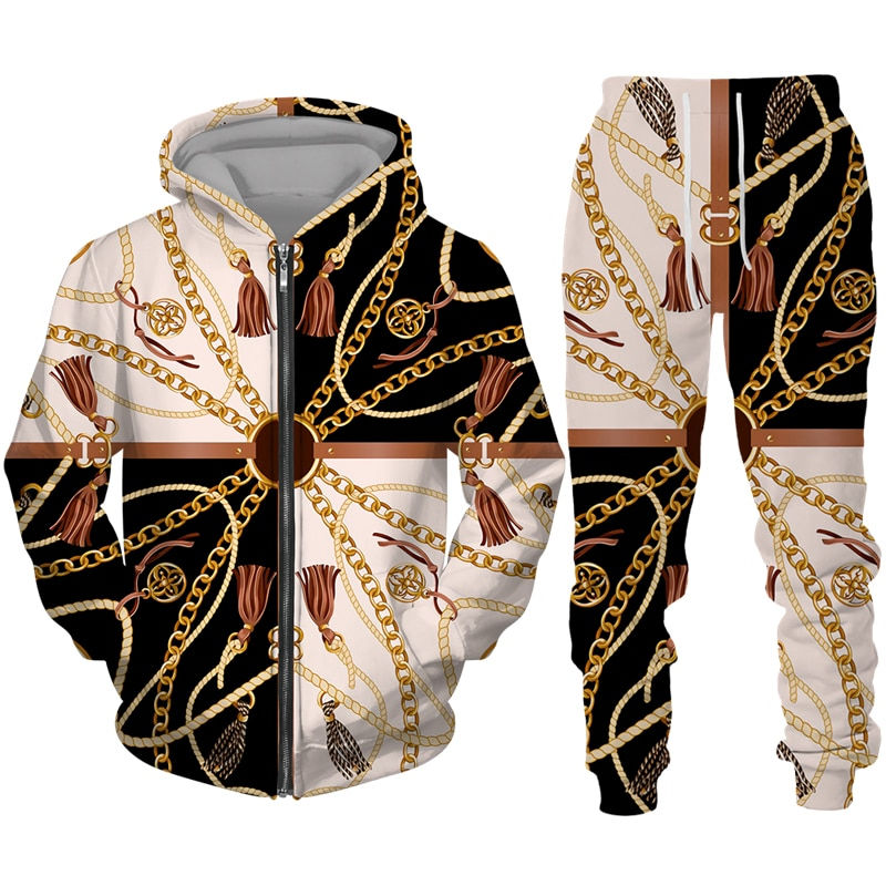 Thumbnail: 2023 Fashion Luxury Chain Series 3D Print Zipper Hoodie Pants Two Piece Set Hip