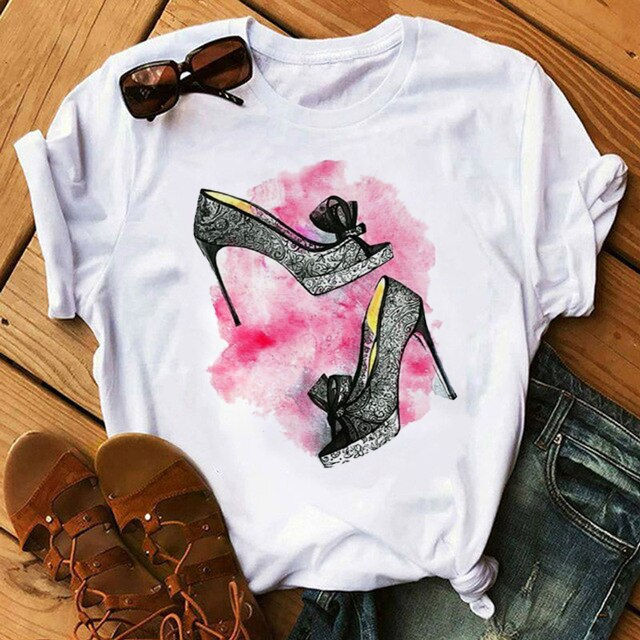 Thumbnail: Champagne high heels pattern women's top women's summer fashion short-sleeved r