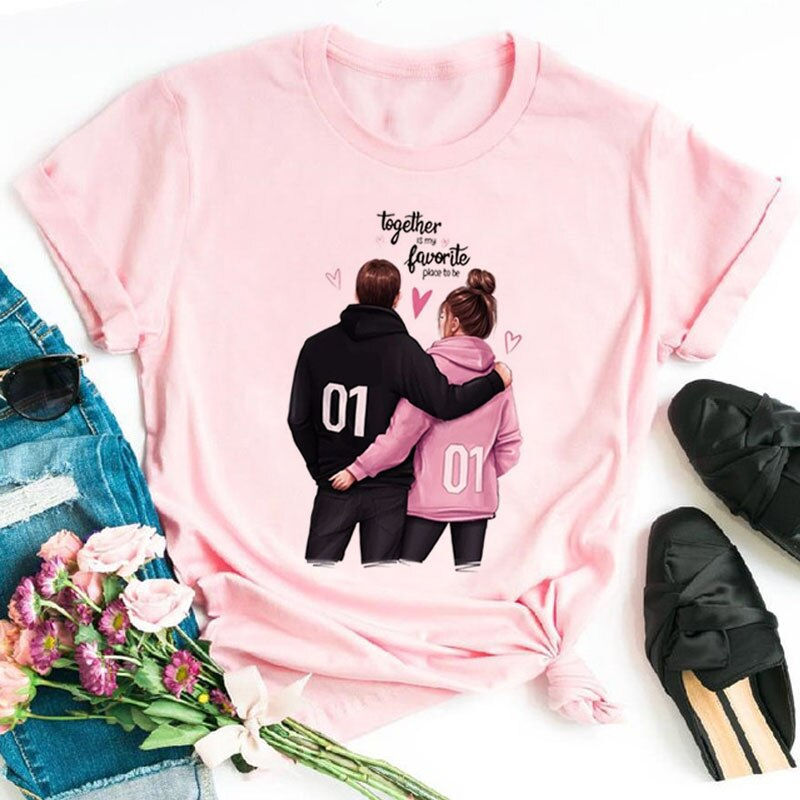 Thumbnail: Couple T-shirt Couple Printing Fashion Top Women's O-neck Casual Top New Couple