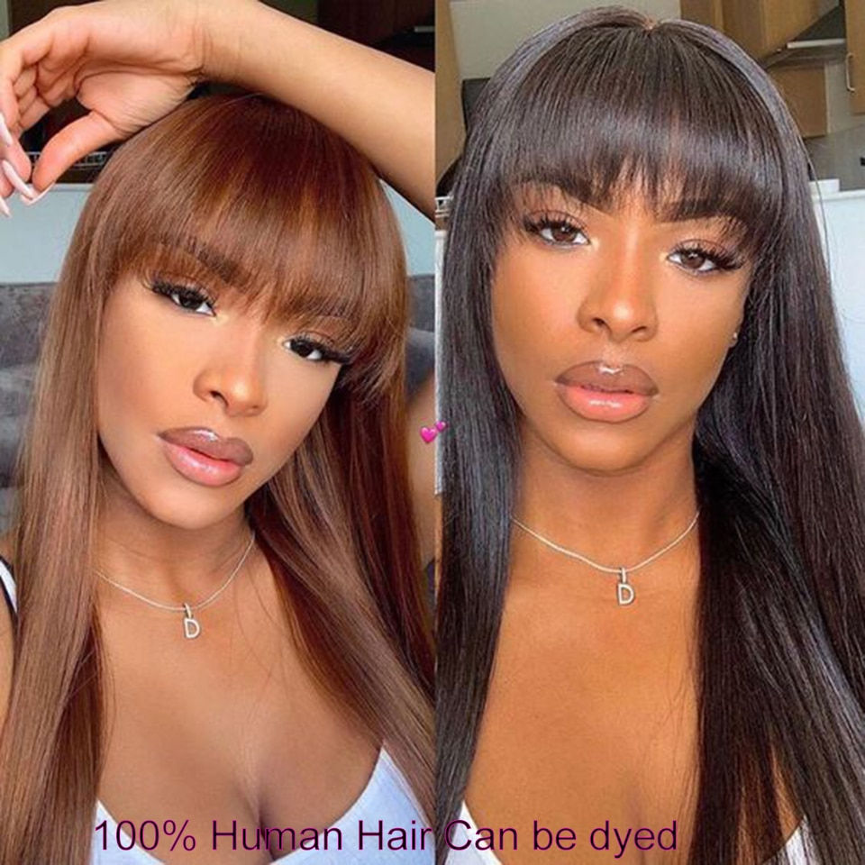 Thumbnail: Straight 13x4 Lace Front Human Hair Wigs With Bangs Natural Glueless Remy Human
