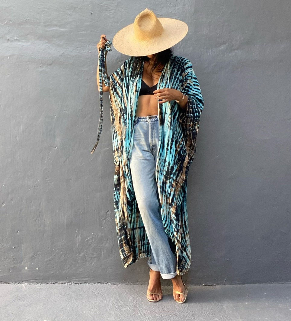 Миниатюра: Summer Beach Cover Ups Vintage Printed Belted Kimono Swimwear Long Cardigan Cas