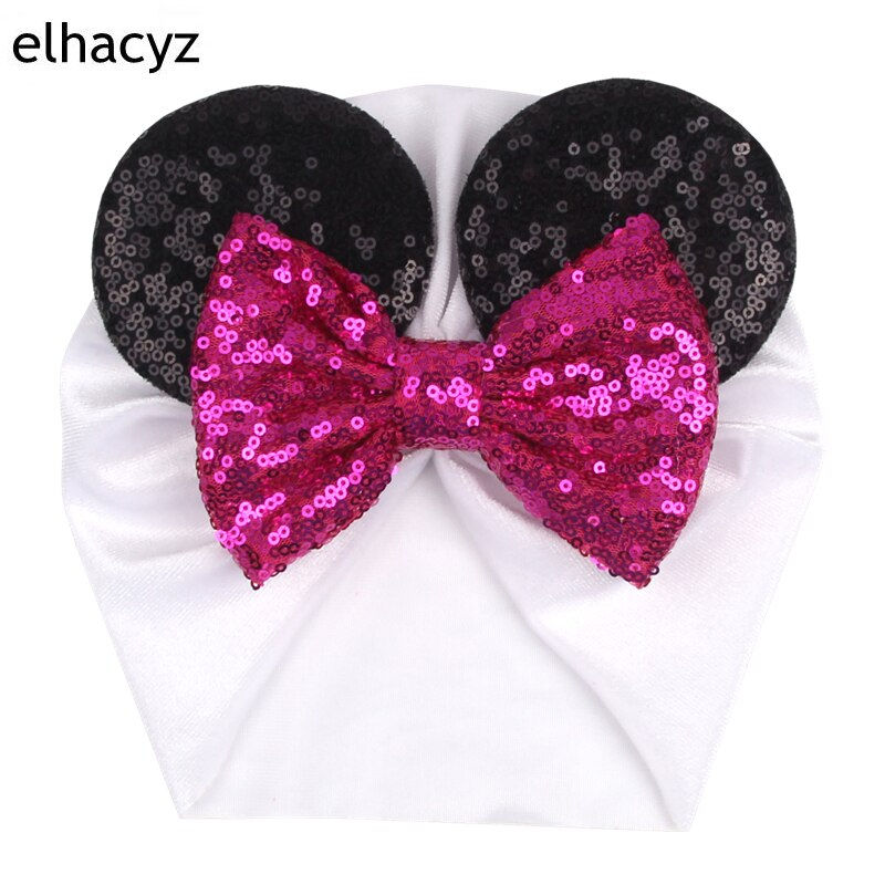 الصورة المصغرة: Classic Mouse Ears Velvet Head Wrap 5'' Sequins Bow Turban Girls Glitter Elasti
