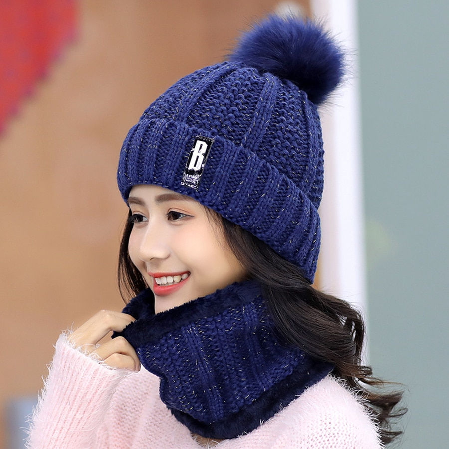 Thumbnail: Winter Knitted Beanies Hats Women Thick Warm Female Knitting Letter Caps sets