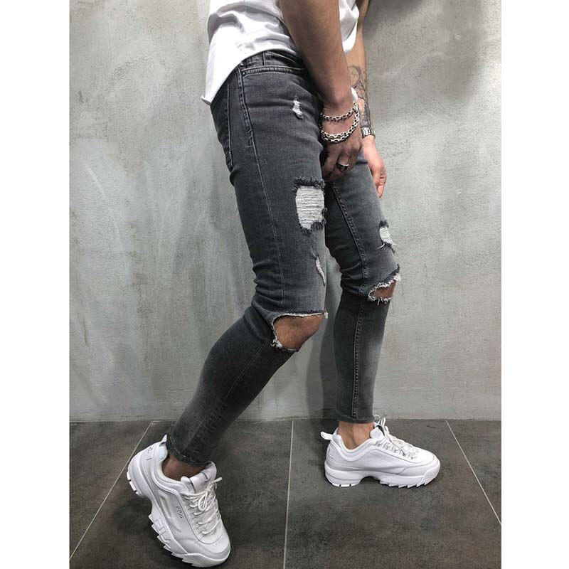 Thumbnail: Men Jeans Streetwear Knee Ripped Skinny Hip Hop Fashion Estroyed Hole Pants Sol