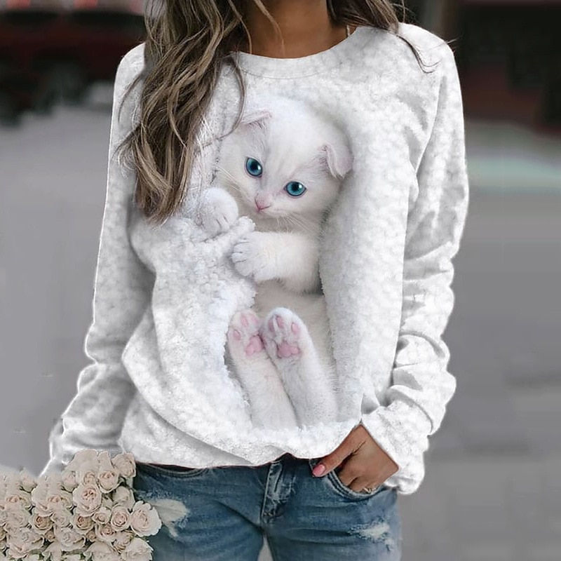 Thumbnail: Women Pullover T-shirt Casual Loose 2023 New Spring Summer Animal Graphic Cat P