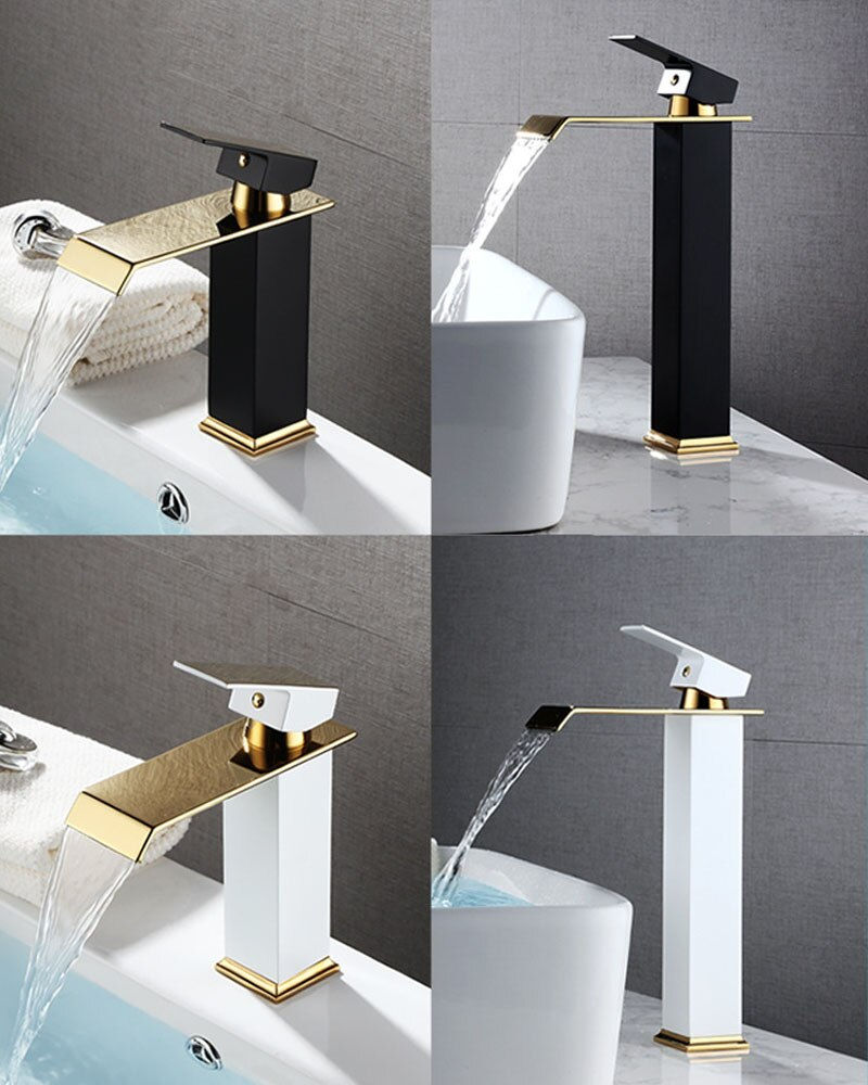 Thumbnail: Waterfall Basin Faucet Deck Mounted Bathroom Sink Tap Black Gold Cold and Hot W