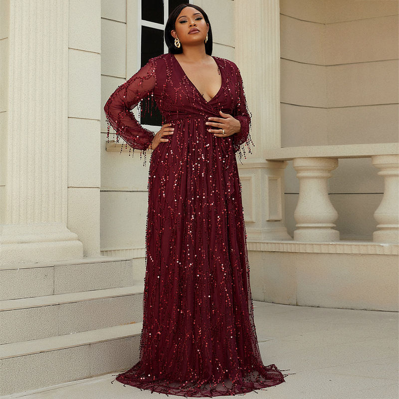 Миниатюра: Women Plus Size  Sequin Tassel Modest  Red Color Wedding  Evening Dinner Dress