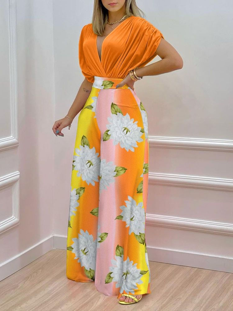 Thumbnail: Summer Women's Set Fashion Sexy V-neck Printed Short Sleeve Top Wide Leg Pants 