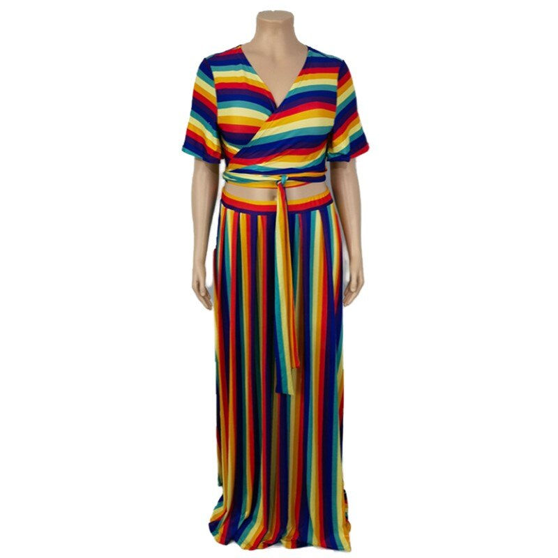 Miniature : M-5XL Two Piece Set Skirts Sets Plus Size Clothing Women Wholesale Striped Prin