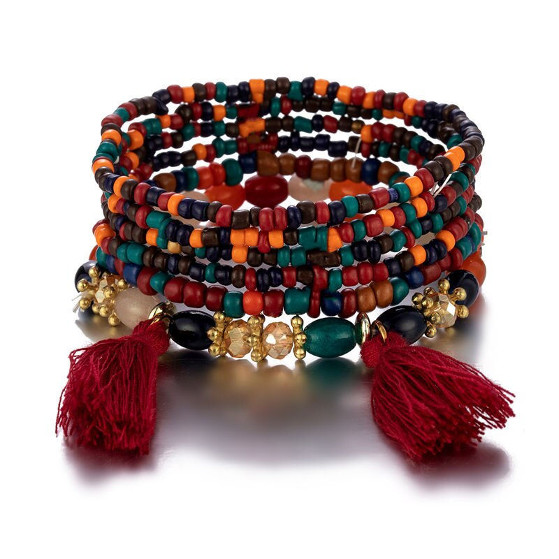Thumbnail: 6Pcs Bohemian Beaded Bracelet Set For Women Tassels Charm Colourful Seed Beads 
