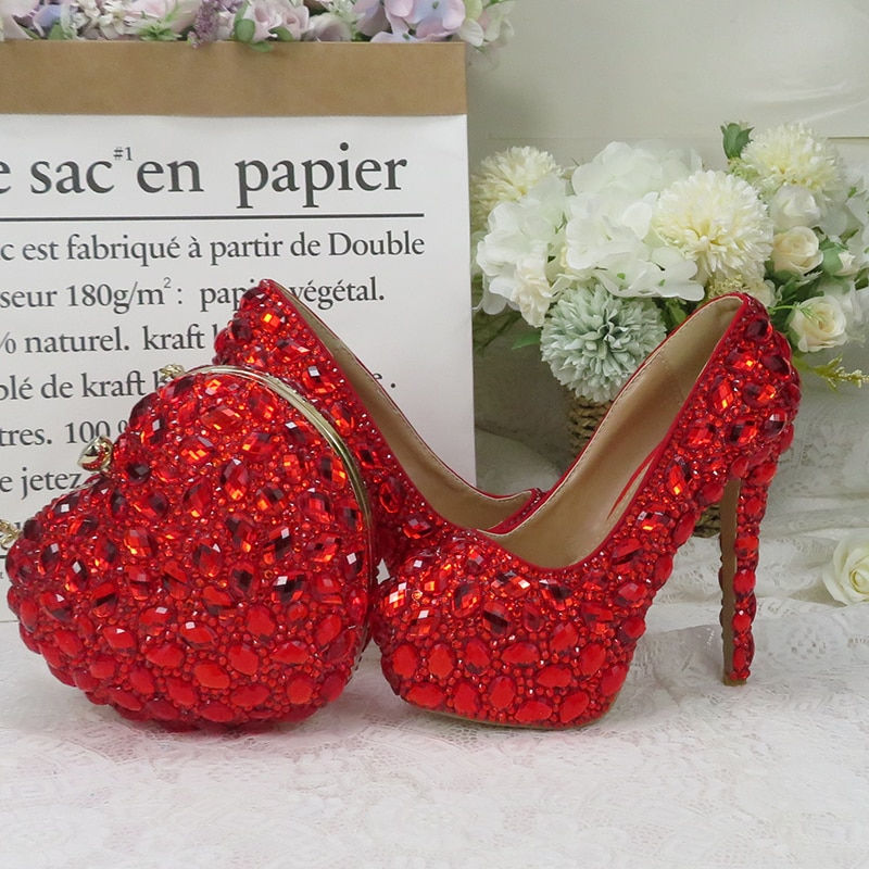 Miniatura: BaoYaFang Red rhinestone Women wedding shoes with matching bags Bride woman sho