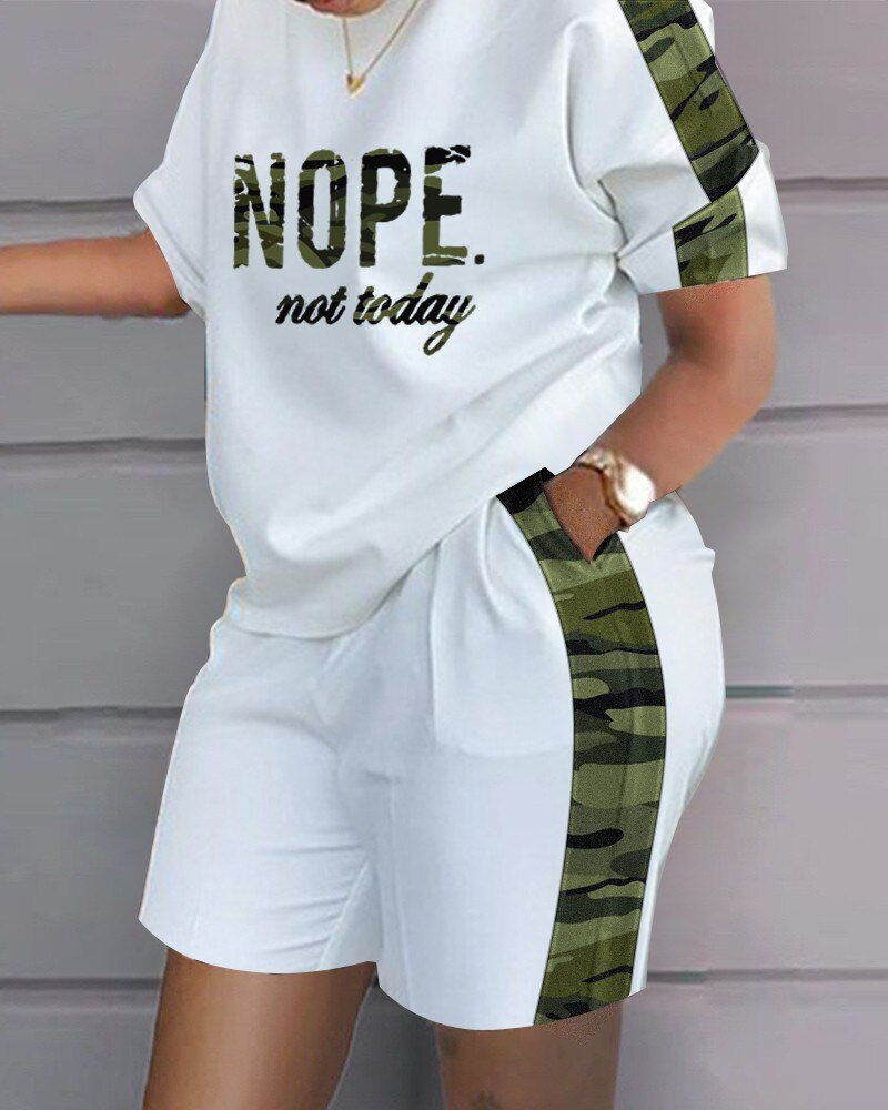 Thumbnail: Summer Women Shorts Suit Sets Short Sleeve Round Neck Plaid Letter Print Split 
