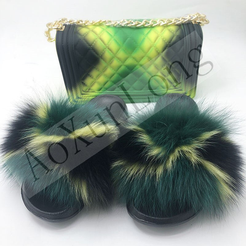 Miniatura: Fluffy Women Fur Slippers Set-Handbag Furry Real Fox Fur Slides Shoes Rainbow C