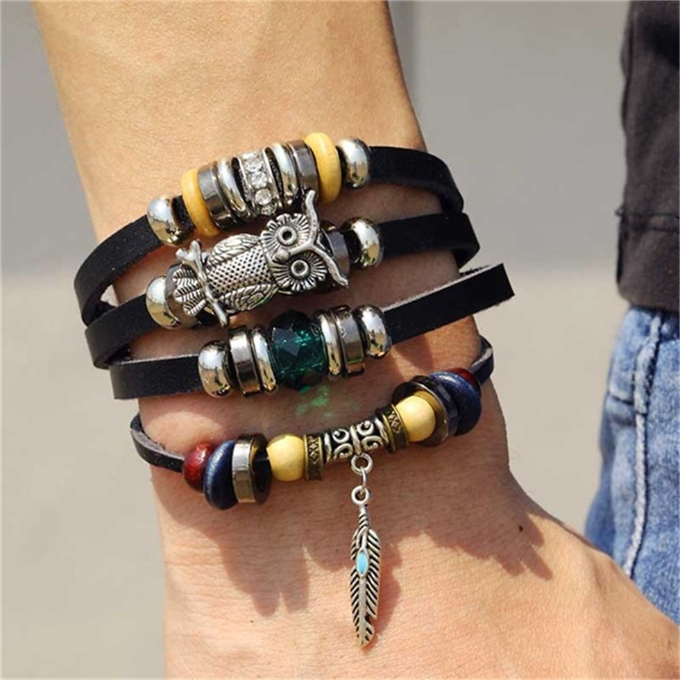 Thumbnail: Vinatge Gothic Punk Moon Star Metal Multilayer Leather Bracelet Men Leaf Bracel