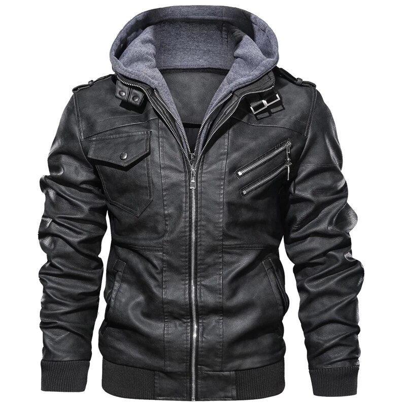 Thumbnail: Men's Autumn Winter Motorcycle Leather Hooded Baseball Jackets Plus Size 3XL