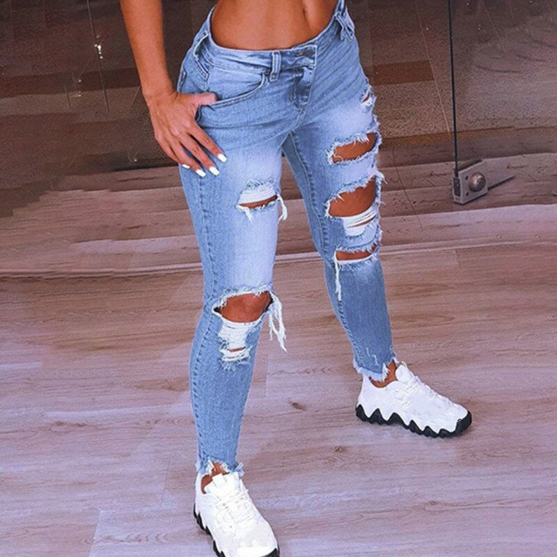 Thumbnail: Light Blue Ripped Jeans For Women 2023 Street Style Sexy Low Rise Distressed Tr