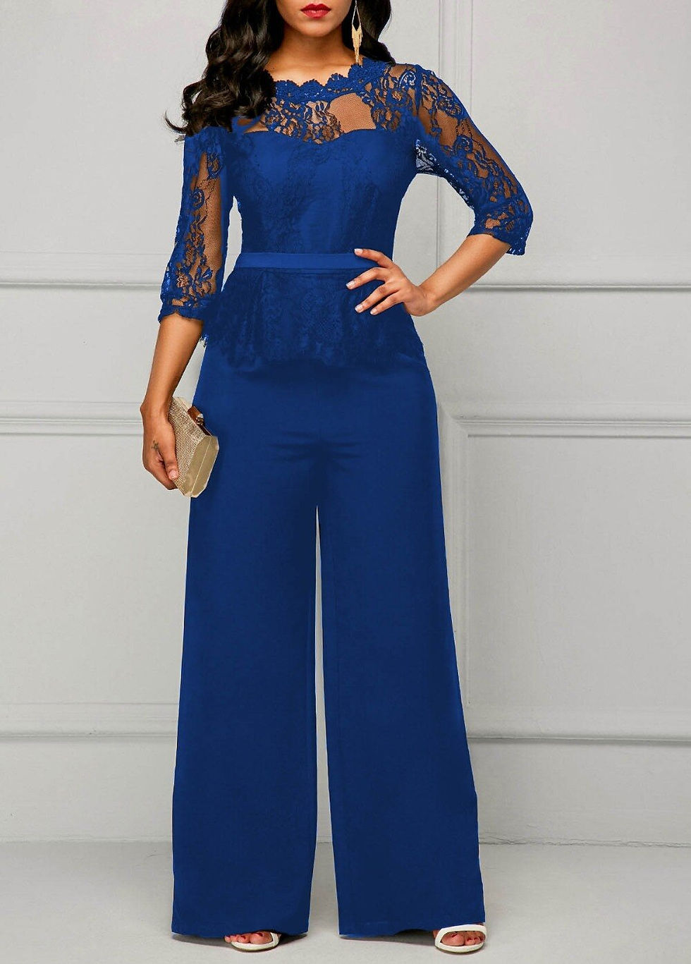 Thumbnail: Elegant Sexy Jumpsuits Women Long Sleeve Lace Patchwork Jumpsuit Loose Trousers