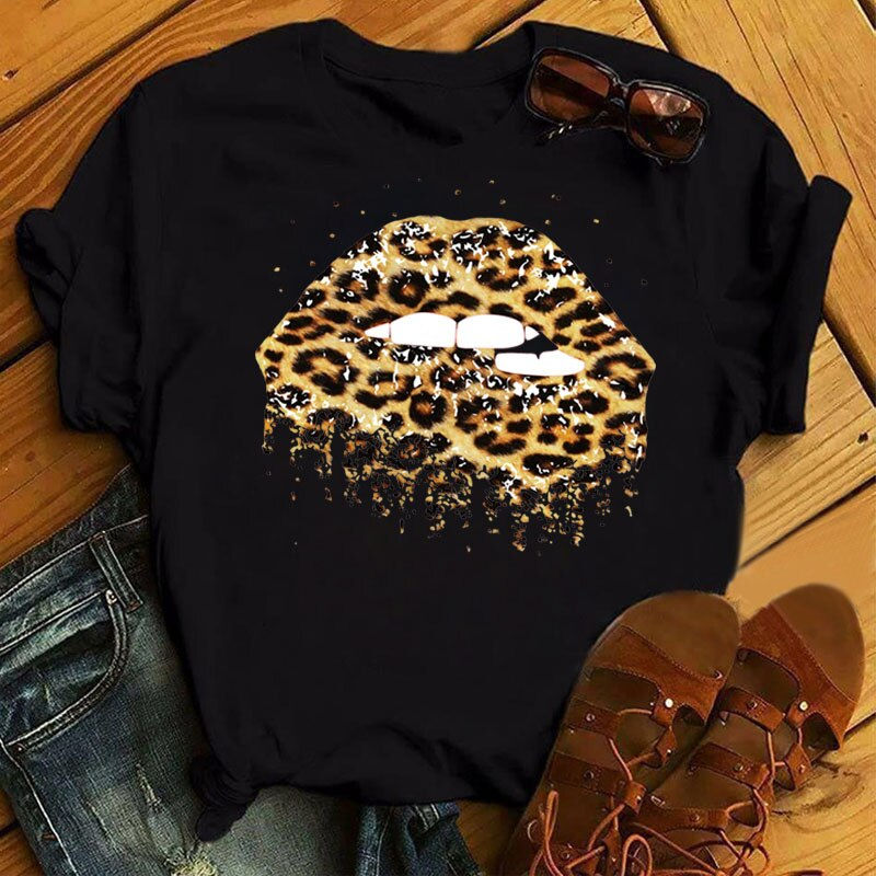 Thumbnail: Casual Top Pink Leopard Print Lips Women's Top New Women's Sexy Lip Pattern Wom