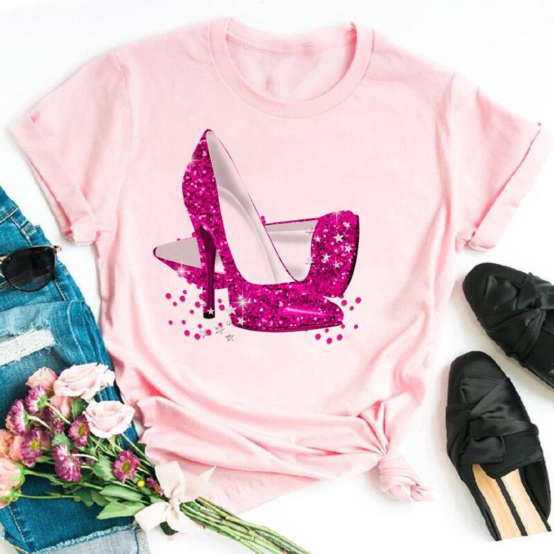 Thumbnail: Champagne high heels pattern women's top women's summer fashion short-sleeved r