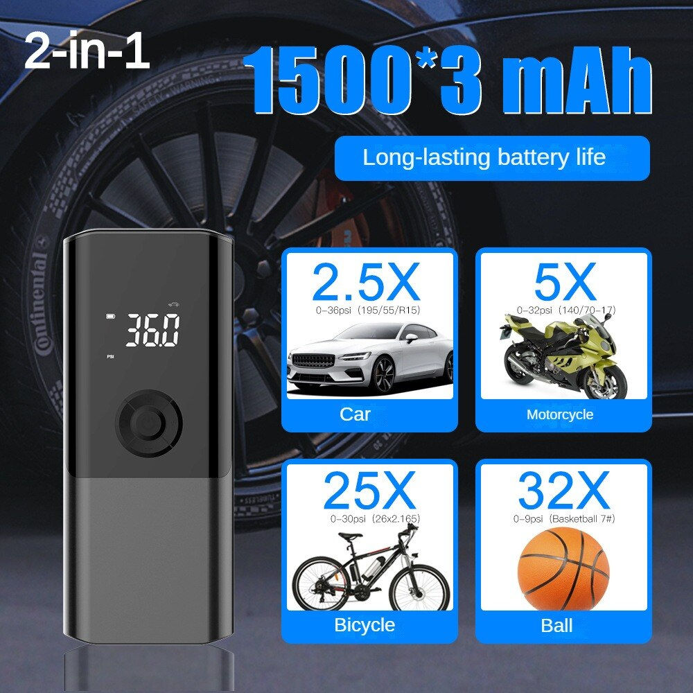 2-in-1 Portable Mini Car Mounted Air Pump Self Powered Electric Tire Inflator A