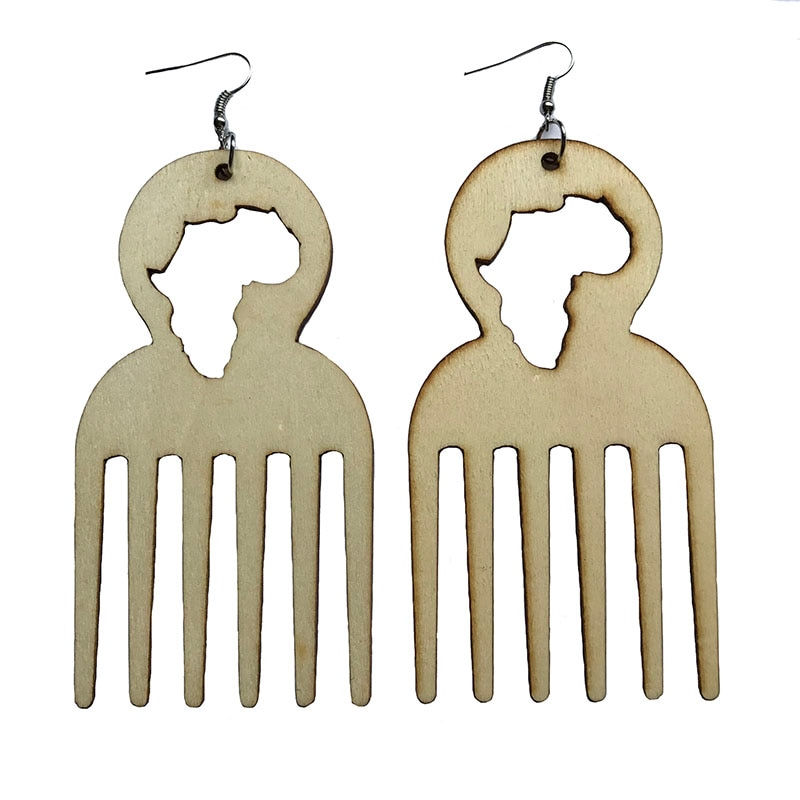 Thumbnail: Natural Africa Map Wood African Comb Black Queen Afro Earrings Vintage Hiphop P