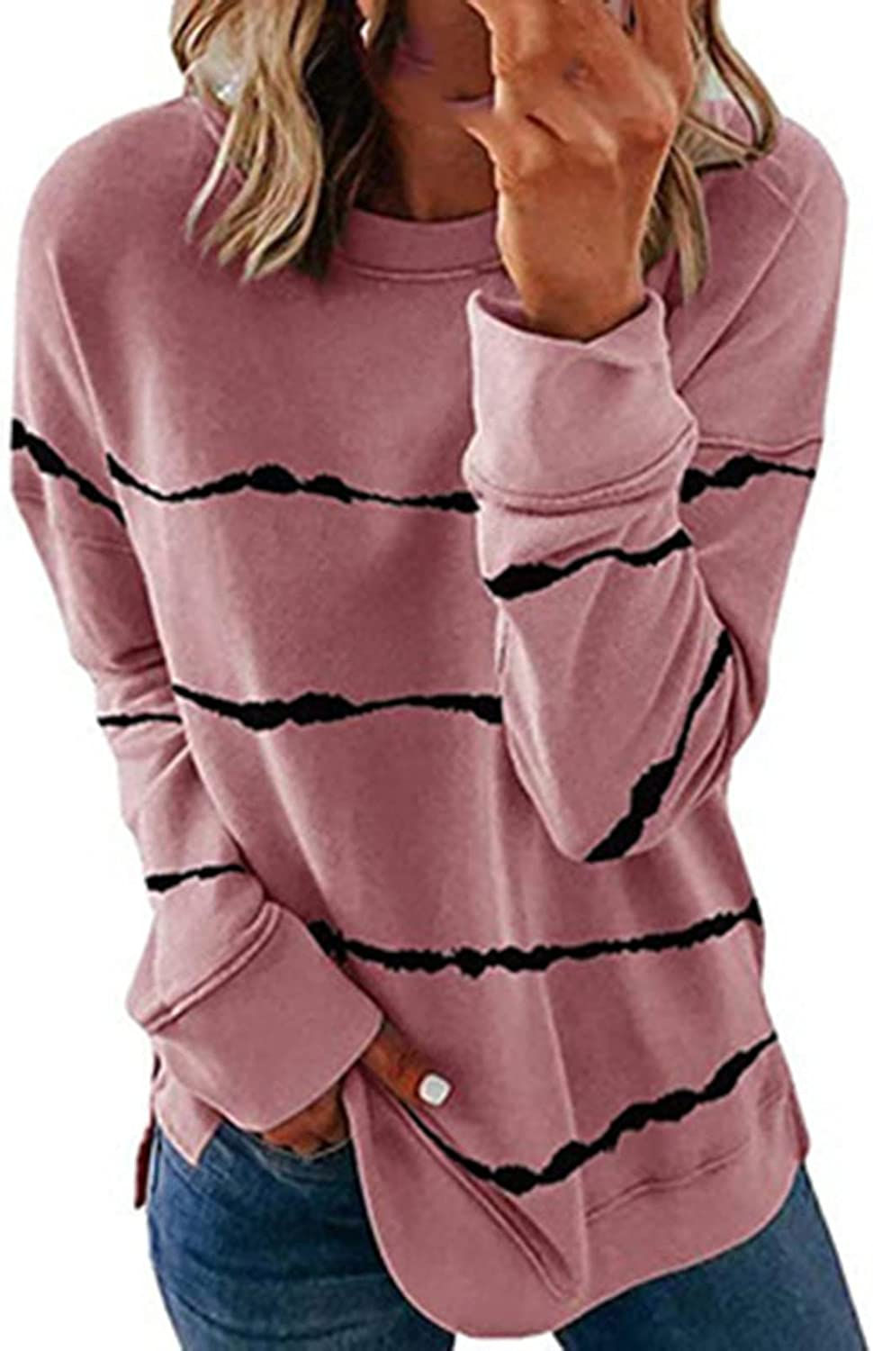 サムネイル： Womens 2022 Fall Fashion Tops Dressy Casual Crewneck Sweatshirt Solid Striped L