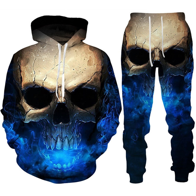 Thumbnail: Personality Gothic Skull 3D Print Hoodie Pants Set Men/Women Funny Halloween St