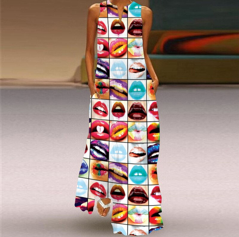 Thumbnail: Summer Women's Fashion Sexy Retro Print V-neck Sleeveless Long Dress with Pocke
