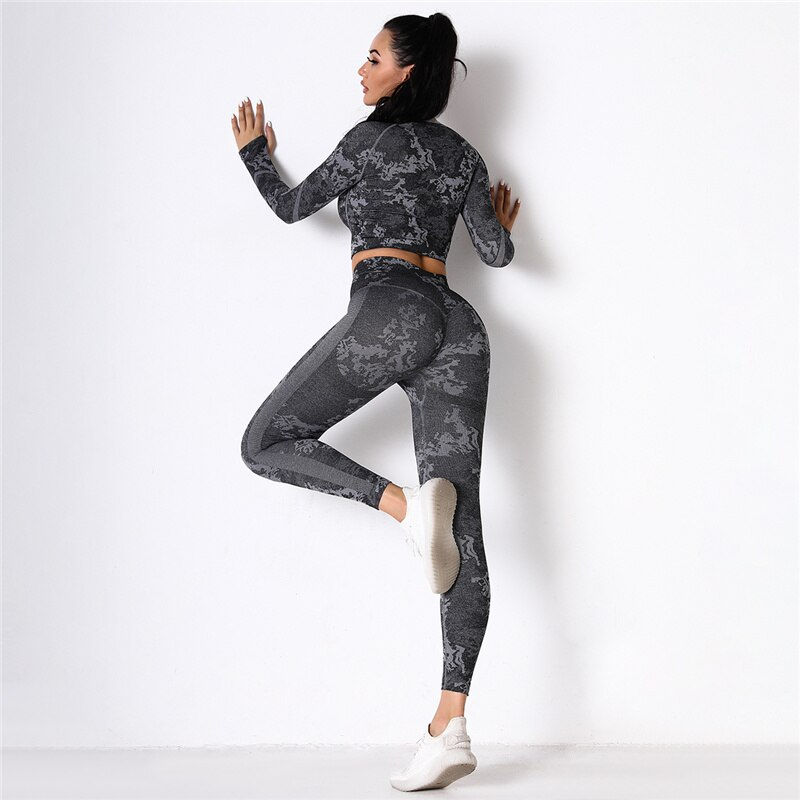 Thumbnail: 2 Pcs Sets Yoga Suit Tummy Control Sports Suits Hips Push Up Gym Leggings+Long 