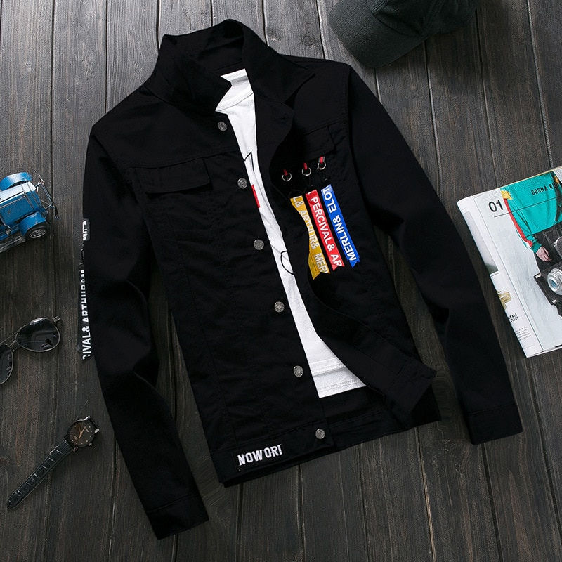 الصورة المصغرة: Spring 2020  Red Pink Black Jeans Jacket Men Slim Streetwear Ripped Denim Jacke