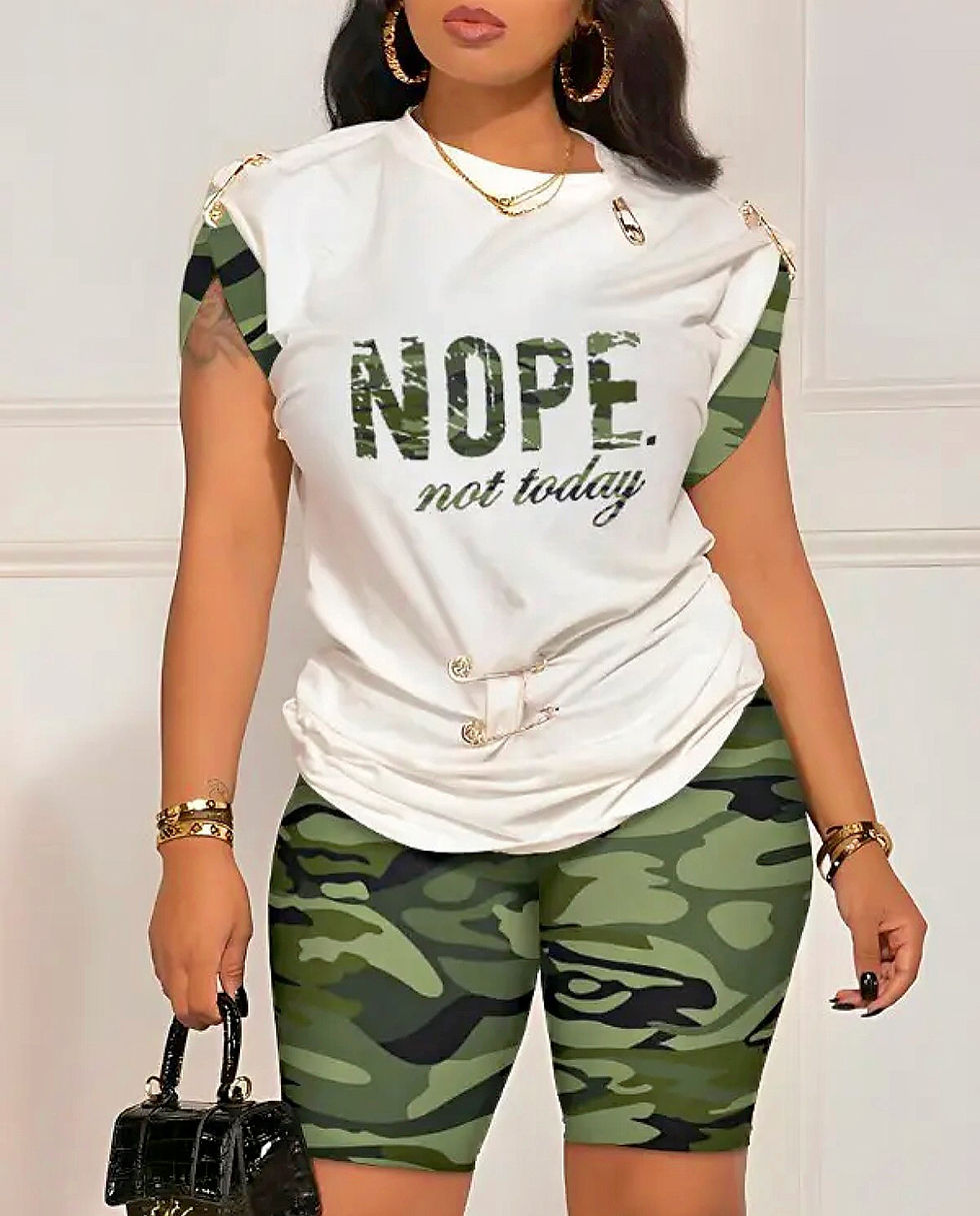 Thumbnail: Summer Fashion Print Two Piece Set Women Casual Round Neck Short Sleeve Tshirt 