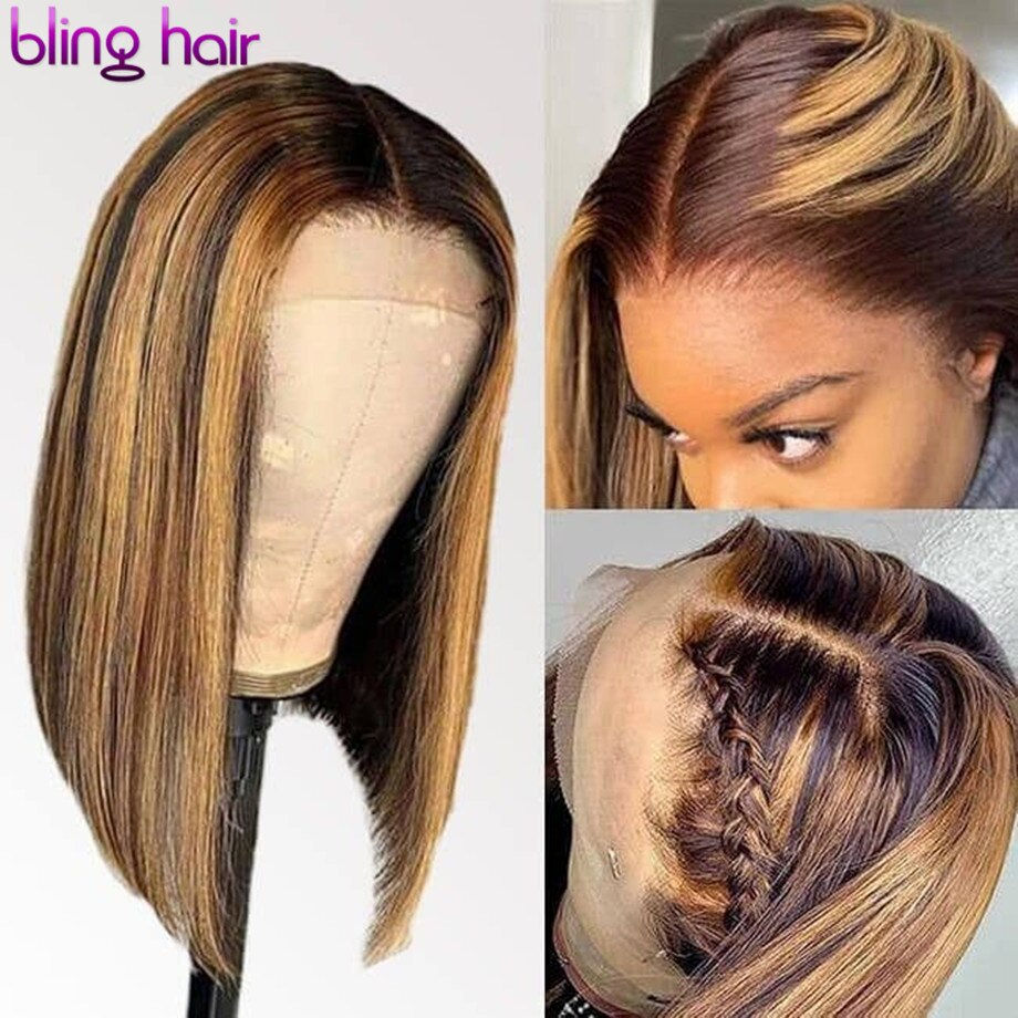 Thumbnail: 4/27 Highlight Brown Color Human Hair Wigs for Women Ombre Straight HD Lace Fro