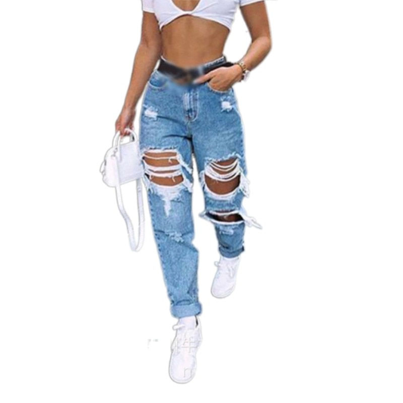 Thumbnail: High Waist Ripped Jeans For Women Fashion Straight Leg Causal Blue Full Length 