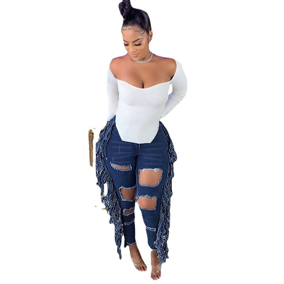 Thumbnail: Echoine dark Blue Tassel Hole Denim Pants Sexy Hight Waist Jeans Autumn Skinny 