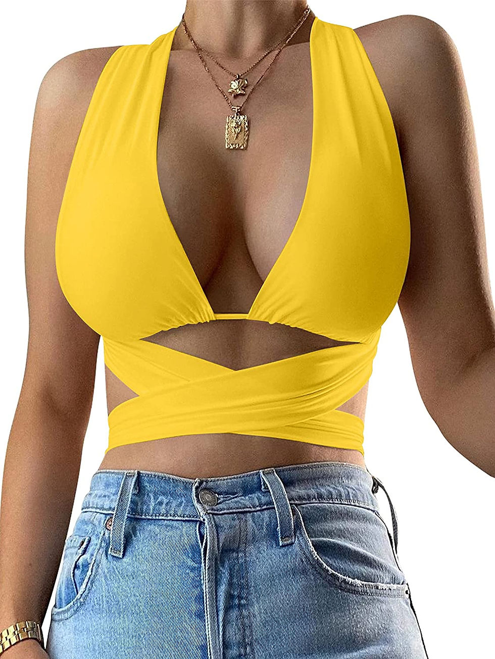 Thumbnail: Kaximil Women's Sexy Sleeveless Halter Criss Cross Cami Lace Up Self Tie Tank C