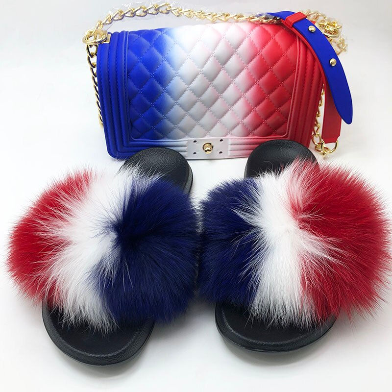 Miniatura: Fluffy Women Fur Slippers Set-Handbag Furry Real Fox Fur Slides Shoes Rainbow C