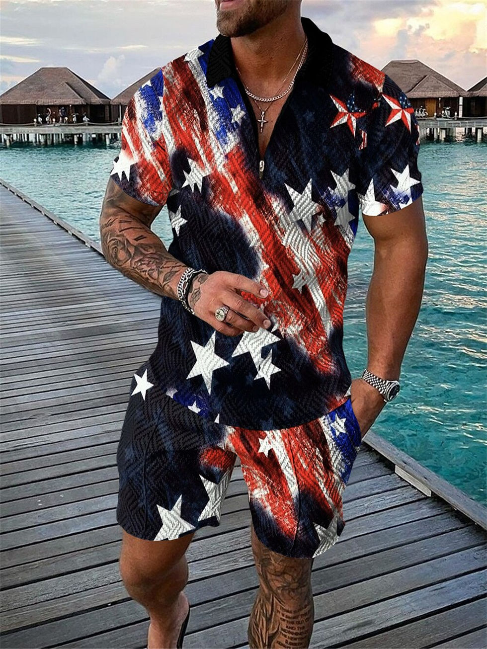 Thumbnail: Men's Polo Suit Fashion Men Sets Mens Solid Color Summer V-neck Zipper Short Sl