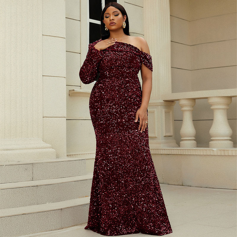 Миниатюра: Women Plus Size  Sequin Tassel Modest  Red Color Wedding  Evening Dinner Dress
