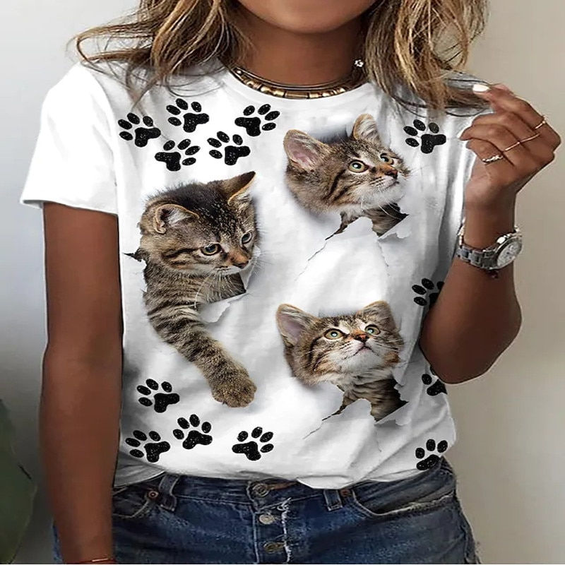 Thumbnail: Animal 3D Print T-shirt Outdoor Fashion Loose Women's Short Sleeve Round Neck T
