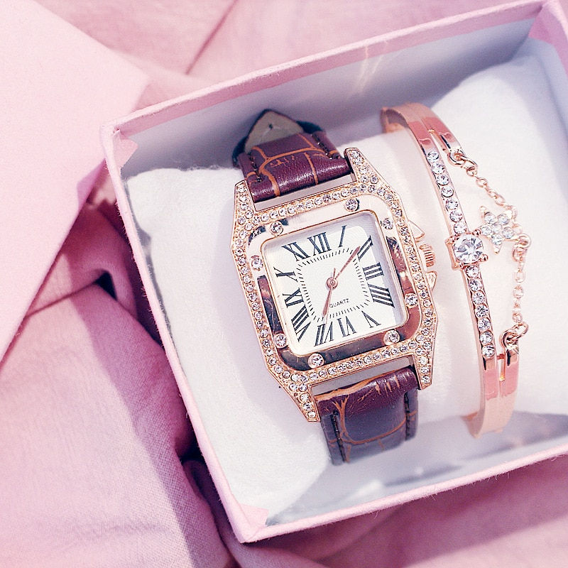 Thumbnail: Women Diamond Watch Square Bracelet Watches Set Ladies Leather Band Quartz