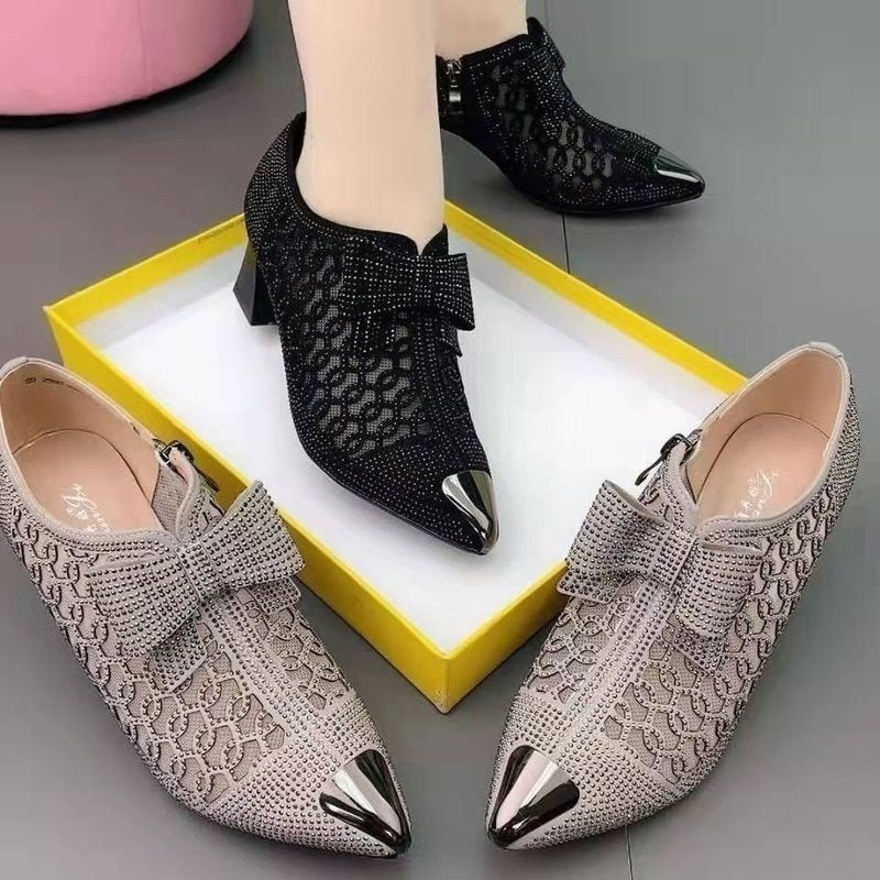 Thumbnail: Hollow Mesh Shoes boot Women's  Summer Fashion Rhinestone Square Heel Pointed T