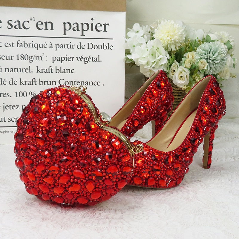Miniatura: BaoYaFang Red rhinestone Women wedding shoes with matching bags Bride woman sho