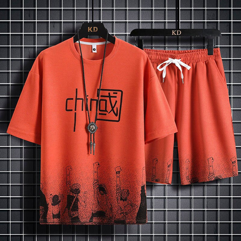 Thumbnail: Summer Mens Two-piece Sets Anime Print T-shirt + Shorts Suits Gradient Linen Fa