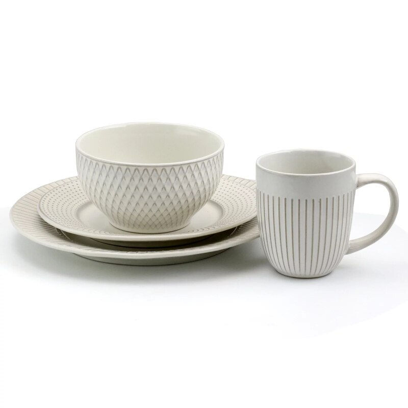 Miniaturbild: Elama Market Finds 16 Piece Round Stoneware Dinnerware Set In Embossed White Di