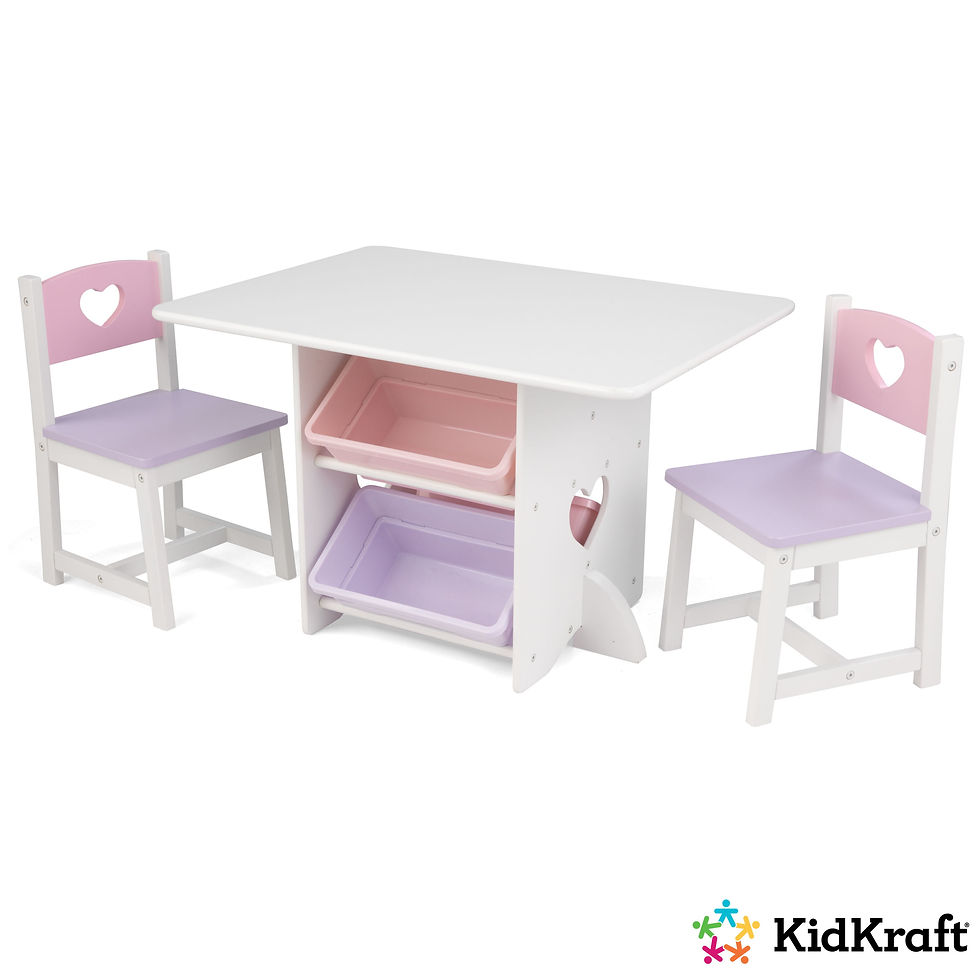 الصورة المصغرة: KidKraft Wooden Heart Table & Chair Set with 4 Bins, Pink, Purple & White