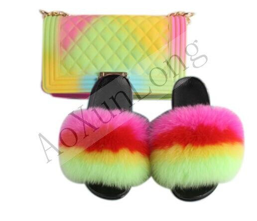 Miniatura: Fluffy Women Fur Slippers Set-Handbag Furry Real Fox Fur Slides Shoes Rainbow C