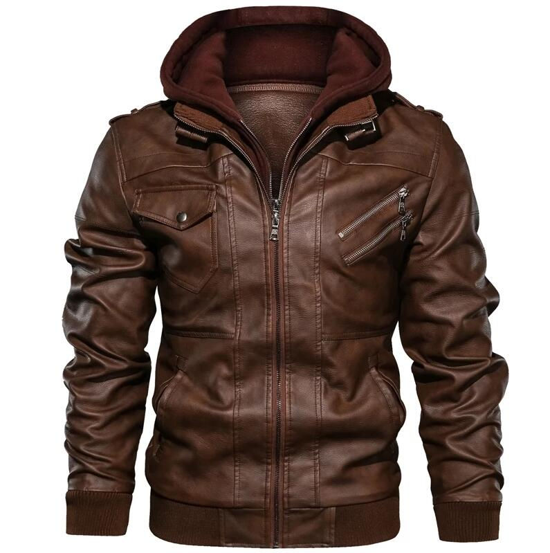 Thumbnail: Men's Autumn Winter Motorcycle Leather Hooded Baseball Jackets Plus Size 3XL