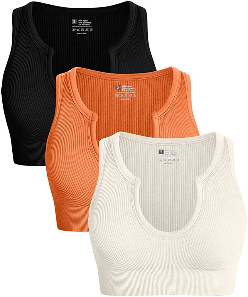 Thumbnail: OQQ Women's 3 Piece Medium Support Crop Top Seamless Ribbed Removable Cups Work