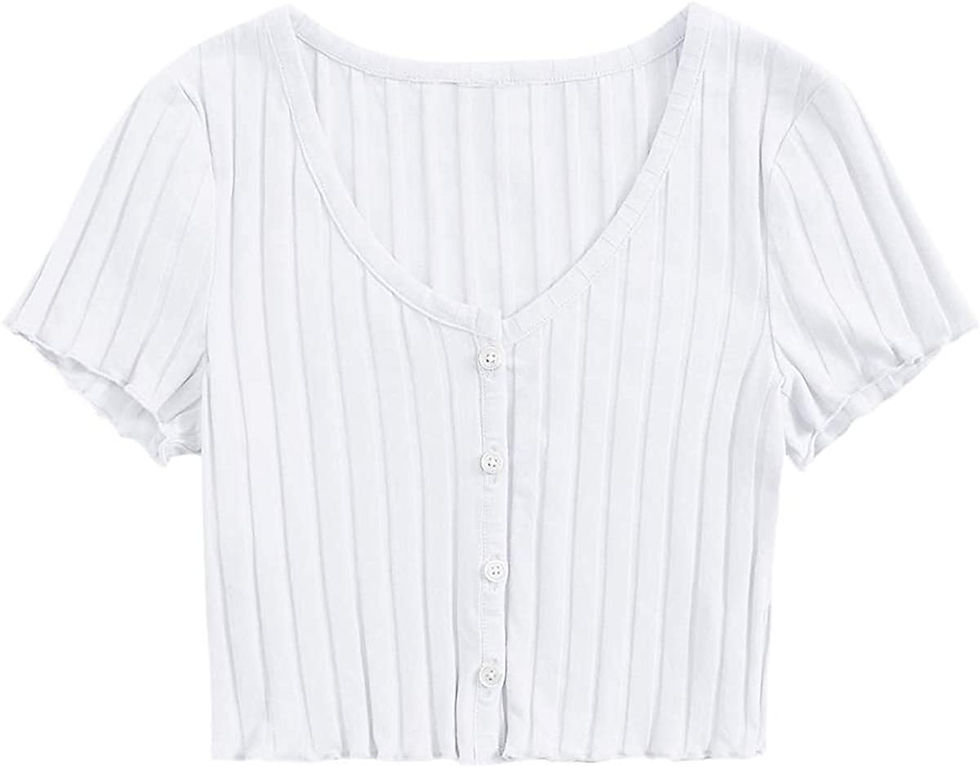 Thumbnail: Romwe Women's Casual Summer Crop Top Short Sleeve V Neck Tee Button Ribbed Blou