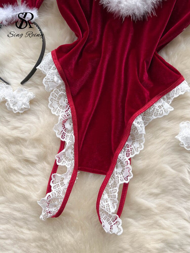 Thumbnail: SINGREINY Women Velvet Sensual Backless Bodysuits Strap Lace Patchwork Cosplay 